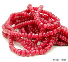 "Stone Name:----------------------> Natural Ruby Origin:------------------------------> Africa Product Type:--------------------> Faceted Beads. Shape:------------------------------> Roundelle Shape. Size:----------------------------------> 3MM to 5.5MM Approx Quantity:---------------------------> 1. String. Weight:------------------------------> 90 Carat According to 18\" inch string. (It is approx. weight depends on size) Here is the Link for Complete Necklace. https://www.etsy.com/listing/119 Red Rondelle Gemstone Beaded Bracelets, Red Rondelle Gemstone Beads, Red Heart Beads For Jewelry Making, Red Beaded Necklaces With Faceted Beads, Red Oval Gemstone Beads, Red Rondelle Beads For Jewelry Making, Red Spacer Beads For Jewelry Making, Red Gemstone Beaded Bracelets, Red Beaded Necklaces With Round Beads