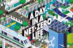 an illustrated image of a city with people and trains