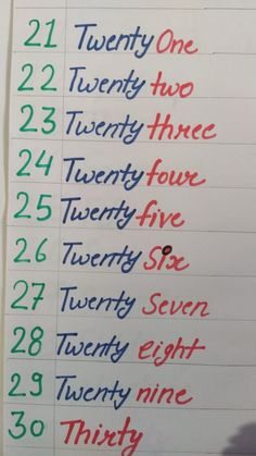 the numbers are written in different colors and sizes on lined paper with colored writing that reads twenty two twenty three twenty five twenty nine twenty seven