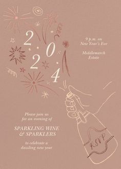 the new year's eve celebration card is shown in pink with fireworks and confetti