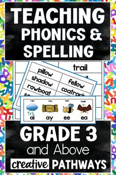 teaching phonics and spelling poster with the words grade 3 and above it in rainbow colors