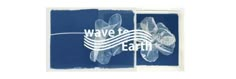 the wave to earth logo is shown in blue and white