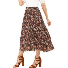 It is a perfect piece to be paired with a crop top or basic tee and sneakers for a stunning day look or styled with sandals to go out! A versatile floral skirt for daily casual style, or an eye-catching piece as a chiffon skirt. This long chiffon skirt creates an effortlessly elegant silhouette with its cinched waist and a tiered hem. This A-line skirt features a dainty floral print, ruched ruffles, and a tiered design in a perfect ankle length. Cut from chiffon fabric and soft lining with a flo Boho Midi Skirt, Long Chiffon Skirt, Long Floral Skirt, Midi Skirt Black, Maxi Skirt Boho, Long Skirts, Black Midi Skirt, Midi Skirts, Beautiful Skirts