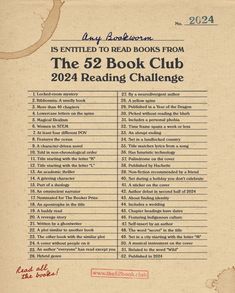 an old book with the 52 book club reading challenge list in red and black on it