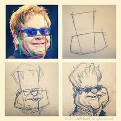 four different drawings of the same person with glasses and one man's face is shown