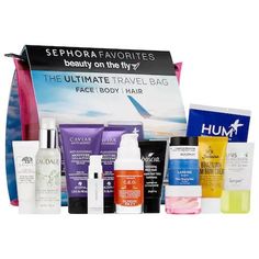 SEPHORA FAVORITES The Ultimate Travel Bag: A travel-size, multibranded collection with 13 of Sephora’s favorite products for the face, body, and hair. Makeup Kit Bag, Bubble Skincare, Caudalie Beauty Elixir, Korean Beauty Tips, Laneige Water Sleeping Mask, Travel Skincare, Mini Fragrance, Buy Skincare