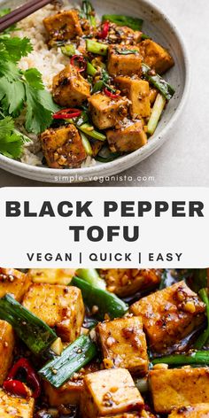 black pepper tofu with vegetables and rice in a bowl