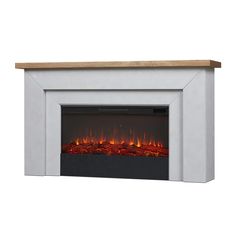 an electric fireplace with red flames on the side