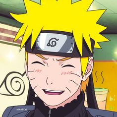 naruto is smiling in front of a wall with anime characters on it's face