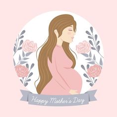 a pregnant woman with long hair in a pink dress and floral wreath around her is the words happy mother's day