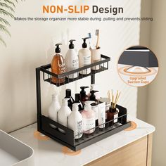 a bathroom shelf with soaps, lotions and hand sanitizers on it