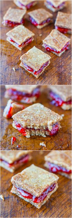 four different views of strawberry shortbreads on a wooden table