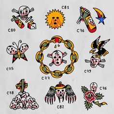 an old school tattoo flash sheet with different designs on it, including skulls and chains