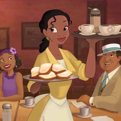 an animated image of a woman holding a plate of food with two children in the background