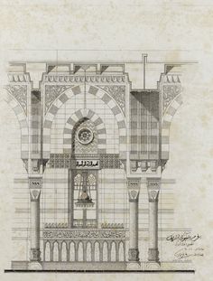 an architectural drawing of a building with columns, arches and a clock on the front