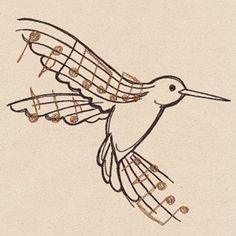 an embroidered hummingbird with musical notes in its beak and wings, flying through the air