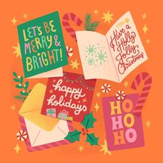 an image of holiday greetings and christmas cards on orange background with snowflakes