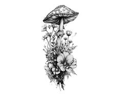 an ink drawing of flowers and mushrooms