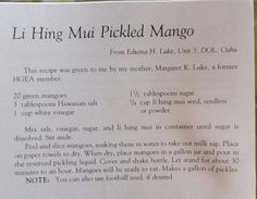 a recipe book with instructions for how to make mui pickled mangoes on it