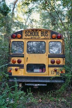 an old yellow school bus sitting in the woods