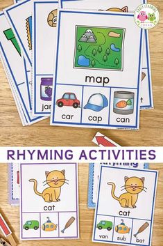 the printable worksheet for rhyming activities is displayed on a table