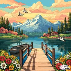 a painting of a wooden dock with flowers and birds flying over the water in front of mountains