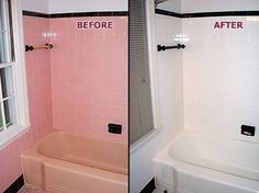 before and after photos of a bathroom with pink tiles on the shower wall, tub and window