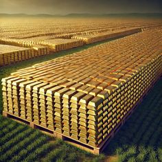 a large amount of gold bars sitting in the middle of a field