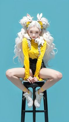 a woman with long white hair sitting on top of a stool wearing bunny ears and yellow shirt