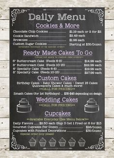 a chalkboard menu for a cake shop