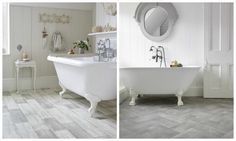 two pictures of a bathroom with white fixtures and wood flooring, one has a claw foot bathtub and the other is a pedestal sink