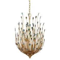 a gold chandelier with blue glass beads hanging from it's center point