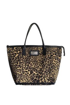 JONNY COTA accessories BROWN LEOPARD / ONE SZE LEOPARD TOTE Leopard Tote, Handbags For School, Large Leather Tote, Pretty Bags, Brown Leopard, Metal Logo, Large Bag, Louis Vuitton Bag Neverfull, Leather Handles