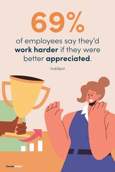 a woman holding up a trophy with the caption saying 69 % of employees say they'd work harder if they were better