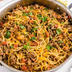 a skillet filled with spaghetti and meat