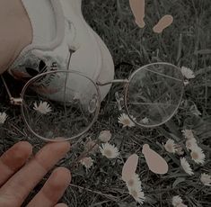 a pair of glasses sitting on top of a grass covered ground next to white flowers