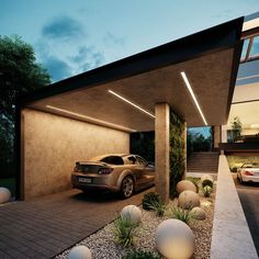 a car is parked in front of a modern house