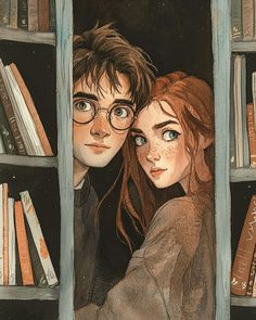 two people are looking out the window at bookshelves and one is wearing glasses