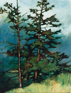 a painting of two pine trees on a hill