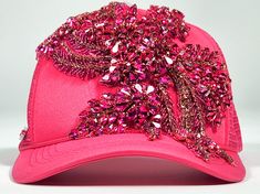 Hand Sewn Crystals Made in the U.S. Adjustable. High-Quality. InStock. Ready To Ship. Pink Baseball Cap Mini Hats For Party, Pink Mini Baseball Cap For Parties, Curved Brim Baseball Cap For Parties, Party Snapback Hat With Curved Brim, Adjustable Curved Brim Snapback Hat For Party, Embellished Adjustable Hat With Curved Brim, Pink Adjustable Baseball Cap For Party, Pink Snapback Baseball Cap For Party, Pink Trucker Hat For Party With Curved Brim