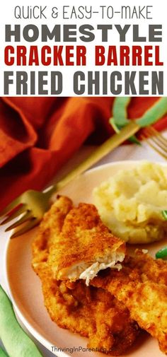 a white plate topped with fried chicken next to mashed potatoes