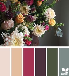 a vase filled with lots of colorful flowers next to a color swatch that says shades of pink, yellow and green