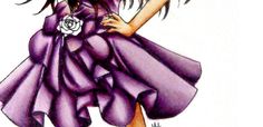 a drawing of a girl in a purple dress with flowers on her head and long hair