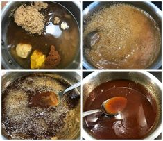 four pictures showing different stages of cooking in a pot with liquid and spices being stirred