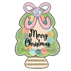 a christmas tree with a bow on top and the words merry christmas written in black