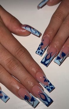 Blue Fire Nails Acrylic, Blue Nail Set Ideas, French Tip Nails W Design, Fire French Tip Nails, Paisley Nails Design, Blue Fire Nails, Blue Coffin Nail Ideas, Tapered Square Nail Designs, Blue Flame Nails