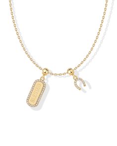 PRICES MAY VARY. Express yourself without saying a word in this dog-tag-style charm necklace. The 14K yellow gold-plated adjustable sliding chain is 18 inches long and 1.2mm wide, featuring a 6mm x 5.4mm horseshoe charm and a 16mm x 7mm "blessed" pendant, both adorned with 1mm cubic zirconia stones. The removable charm allows you to stack it with other charms or wear it on different chains for versatile styling options. Always crafted with care, the necklace and charms feature a durable finish t Pearl Charm Necklace, Chunky Jewelry, Toggle Bracelet, Beaded Anklets, Bracelet Collection, Initial Letters, Dog Tag, Chain Earrings, Necklace For Women