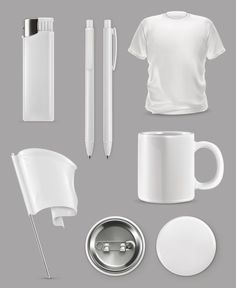 white objects are arranged on a gray background, including a t - shirt and pen