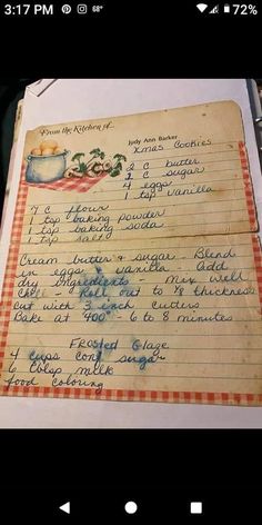 an old recipe book with writing on it