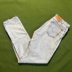 Good condition (distressing shown), and measurements are shown in the pictures as well. Feel free to DM any questions! EB1 Vintage Washed Blue Mid-rise Jeans, Vintage Blue Pre-washed Jeans, Levi's Five-pocket Denim Blue Pants, 90s 00s, Levi Strauss, Blue Denim Jeans, Levis Jeans, Tapered Legs, Denim Jeans